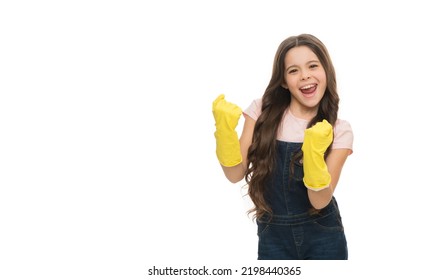 Excited Girl Making Winning Gesture In Rubber Gloves Studio Isolated On White, Housework