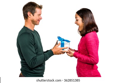 Girlfriend Taking Gift Boyfriend Against White Stock Photo (Edit 