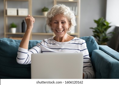 Excited Grey-haired Aged Woman Feels Overjoyed Received Great News On-line, Got Better Offer Insurance, Pensioner Services Proposal, Sales And Discounts, Elderly Happy Winner Of Online Lottery Concept