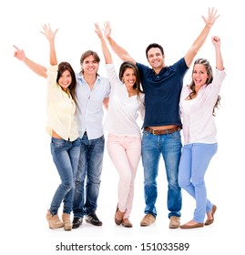 Excited Group Of People With Arms Up - Isolated Over A White Background 