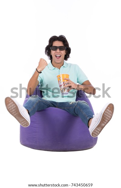 Excited Guy Wearing 3d Glasses Watching Stock Photo Edit Now