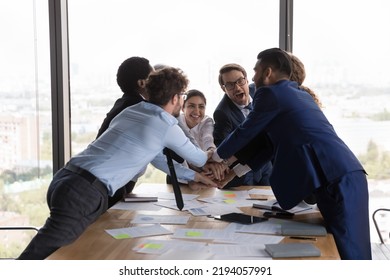 Excited Happy Business Teammates Celebrating Success, Team Achieve, Job High Result, Making Hand Stack, Keeping High Motivation, Community Spirit, Laughing. Corporate Friendship, Teambuilding