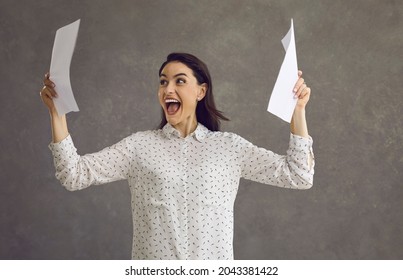 Excited Happy Casual Woman Entrepreneur Reading Good News In Paper Letter Studio Headshot. Millennial Caucasian Girl Student University Admission Notification, Worker Getting Job Promotion Mail