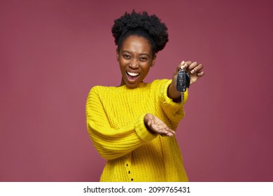 Excited Joyful Lucky Young African American Girl Winner Showing Car Keys. Successful Happy Female Holding Automobile Key