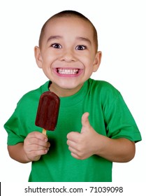 Excited Kid With Chocolate Ice Cream Bar, Six Years Old, Isolated On Pure White Background