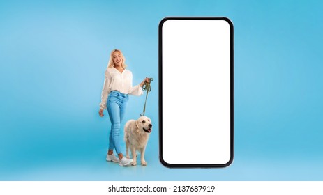 Excited Lady Walking Her Happy Dog On A Leash, Posing Standing Near Big Giant Cell Phone With White Empty Screen Isolated On Blue Studio Background Wall, Full Body Length Portrait, Banner Panorama