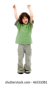 Excited Little Boy With Arms Up Isolated Over A White Background