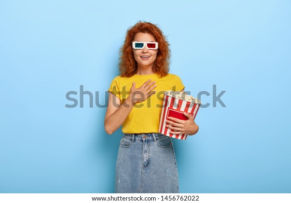 Excited Lovely Cheerful Female Has Wavy Stock Photo Edit Now