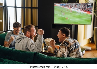 Excited male friends gesturing as winners while watching football match sitting on sofa in front of the TV screen - Powered by Shutterstock