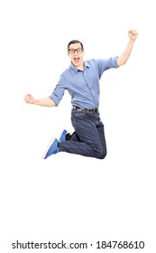 Excited Man Jumping With Joy Isolated On White Background