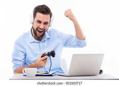 Excited Man Playing Video Games
