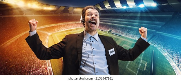 Excited Man, Professional Sport Commentator Having Online Broadcast Of Football Match Isolated Over Sport Stadium Background. Winning Game. Sport News. Football Fans. Concept Of Profession, Emotions