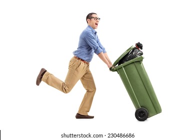 An Excited Man Pushing A Garbage Can Isolated On White Background