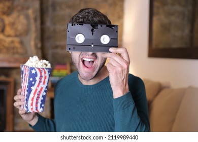 Excited Man Screening A Blockbuster At Home With VHS