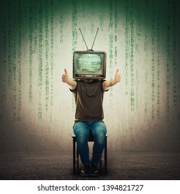 Excited man seated on a chair with an old TV instead of head showing thumbs up, positive feedback like gesture. Television manipulation and brainwashing concept. Mass media propaganda control.