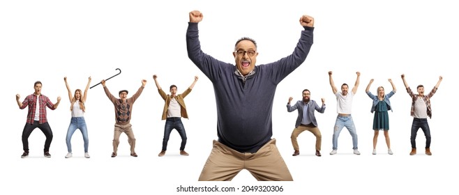 Excited mature man standing in front of people gesturing happiness isolated on white background - Shutterstock ID 2049320306