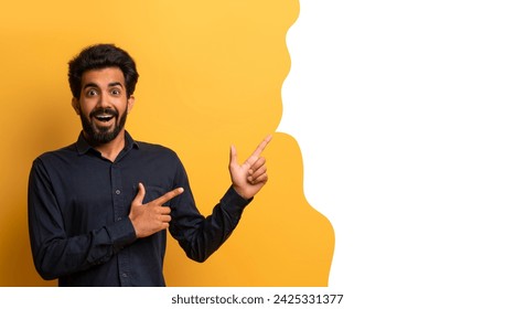Excited middle eastern man pointing fingers aside at blank white text bubble, standing on yellow studio background, advertising great discount offer, showing advertisement mockup, collage, panorama