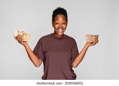 Excited Nigerian Girl Holding A Lot Of Cash, Feeling Very Happy