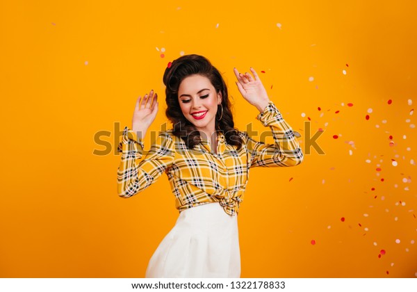 Excited Pinup Girl Dancing Waving Hands Stock Photo Edit Now