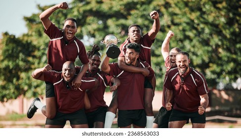 Excited, portrait and rugby team with trophy in celebration at field outdoor for target, champion goal and competition. Fitness, group of men and award for winning game, success and sport achievement - Powered by Shutterstock