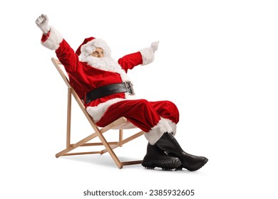 Excited Santa claus enjoying on a deck chair isolated on white background - Powered by Shutterstock