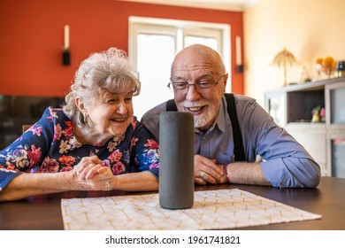 Excited Senior Couple Using A Virtual Assistant At Home
