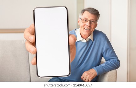 Excited senior man showing big smartphone with white empty screen, recommending website or app, sitting at home. Check this cellphone display mockup