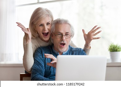 Excited senior mature couple surprised by good unbelievable news, unexpected win, huge shopping sale offer on website, astonished older middle aged family looking at computer screen feeling amazed - Powered by Shutterstock