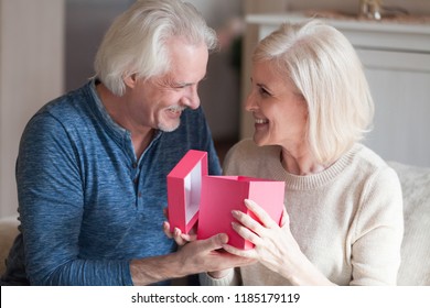 Excited Senior Wife Opening Pink Gift Box Receiving Present From Older Husband At Home, Loving Generous Mature Man Making Romantic Surprise To Happy Middle Aged Woman On Valentines Day Or Birthday