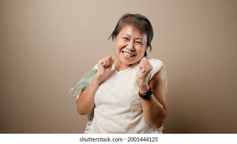 Excited Senior Woman After Fully Received Vaccine Dose, Ideas For Senior Citizen Getting Fully Vaccinated, No Side Effects From Covid Vaccine, Encourage Older Adults To Getting Vaccine, Covid Free