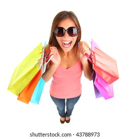 Excited Shopping Woman In Fish Eye View Isolated On White Background. Full Length.