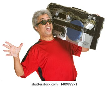 Excited Singing Mature Man With Boom Box