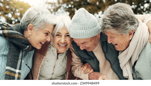 Excited, singing and senior people in nature for camping, happiness and bonding together. Smile, dance and face portrait of elderly friends, man and women having fun with a celebration in a park - Powered by Shutterstock