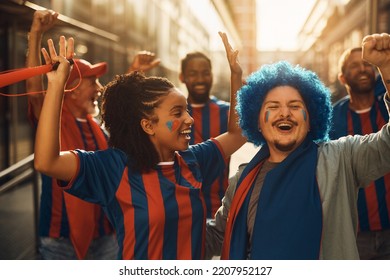 Excited Soccer Fans Having Fun On The Street While Going On A Match During World Championship. 