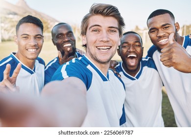 Excited, soccer and portrait of a team selfie at training, game or competition on a field. Fitness, diversity and football players with a photo after winning, achievement and sports in France - Shutterstock ID 2256069787