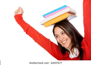 Excited student with books on top of her head - isolated over white