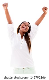 Excited Woman With Arms Up - Isolated Over A White Background