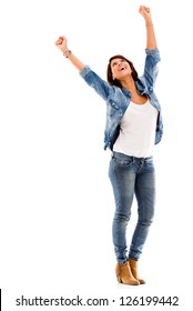 Excited woman celebrating with arms up - isolated over a white background