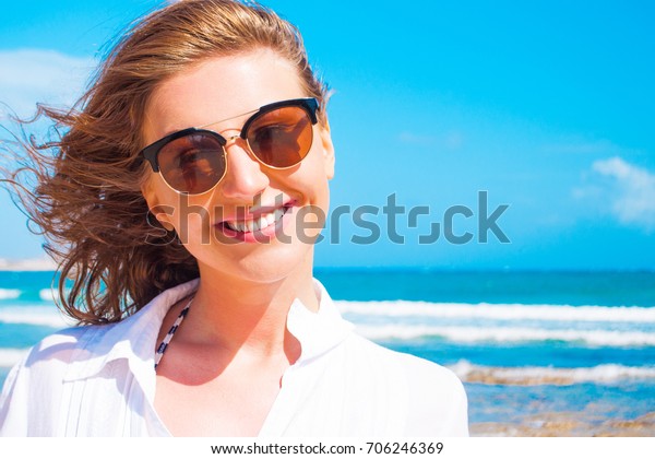 Excited Woman Enjoying Beach Stock Photo (Edit Now) 706246369