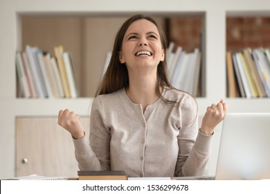 Excited woman feels euphoric celebrating achievement results student girl checked application status got information about acceptance to university admission, successfully passed entrance exam concept