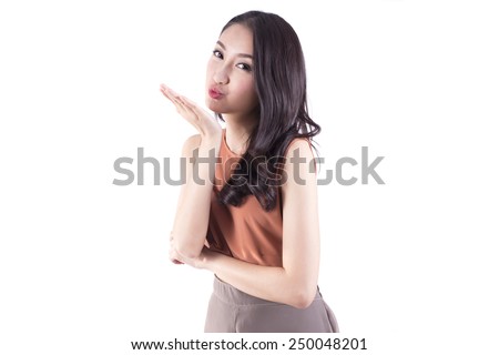 Excited woman joy. Closeup of happy mixed race Asian Chinese / isolated on white background.