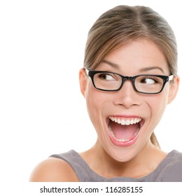 Excited Woman Looking Sideways Screaming Of Joy. Closeup Of Happy Mixed Race Asian Chinese / Caucasian Female Business Woman Isolated On White Background.