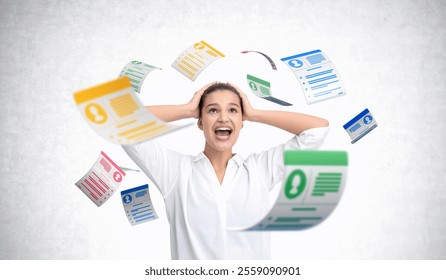 Excited woman surrounded by colorful floating resumes, white background, concept of HR, hiring challenges, job applications - Powered by Shutterstock