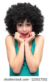 Excited Woman Wearing Afro Wig