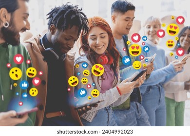 Excited young adults share and react to content on social media, surrounded by a flurry of colorful emojis in a vibrant scene. - Powered by Shutterstock