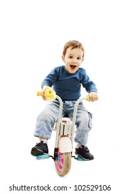 Excited Young Boy On Bike. Isolated On White Background.