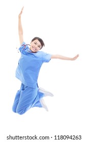 Excited Young Female Doctor Or Nurse Happy Jumping High Isolated On White Background, Model Is A Asian Woman