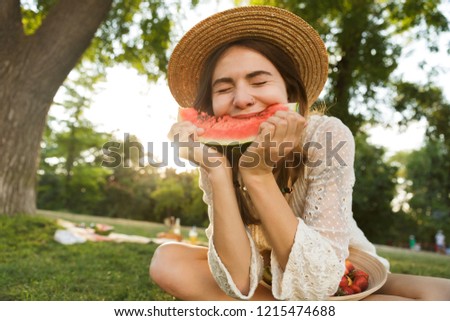 Similar – Foto Bild schöne Frau isst Wassermelone drinnen