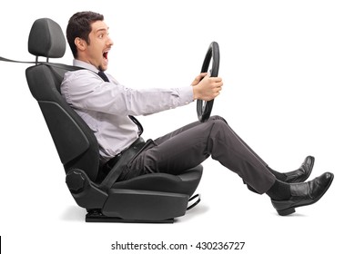 Excited Young Man Driving Fast And Enjoying Himself Isolated On White Background