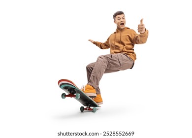 Excited young man riding a longboard and gesturing thumbs up isolated on white background - Powered by Shutterstock